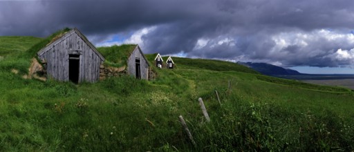Typical wooden huts with grass on the roofs, Iceland, Typical wooden huts with grass on the roofs,