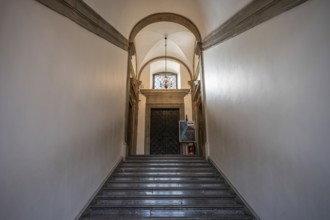 Krakow, Poland, March 23, 2024, Arched interior and staircase at the Wawel royal castle, Europe
