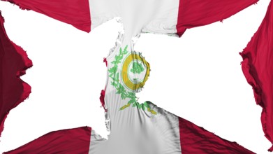 Destroyed Raleigh city, capital of North Carolina state flag, white background, 3d rendering