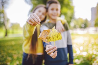 Happy twins teenagers boy and girl posing hugging each other in autumn park holding fallen yellow