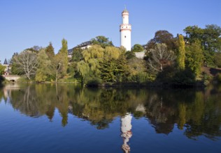 Castle Bad Homburg and watchtower reflecting in pond, Hesse, Germany Bad Homburg, Germany, Europe