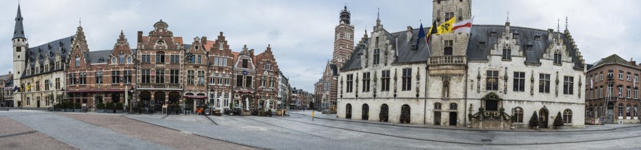 Belgium, 12 08 2018: Extra large panorama of the medieval facades and town hall at the old market