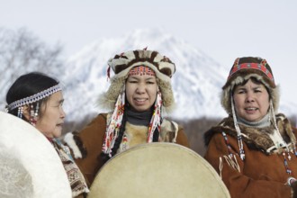 KAMCHATKA PENINSULA, RUSSIA, FEB 5, 2012: Womens dressed in the Koryak national costume with