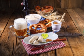 Bavarian veal sausage pretzels and beer at the Oktoberfest