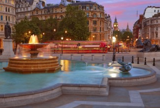 London Trafalgar Square fountain at sunset England