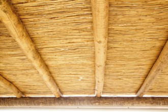 Cane sunroof with round wood beams in yellow golden color