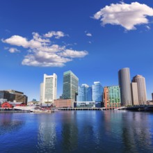 Boston skyline from Fan Pier at sunlight in Massachusetts USA