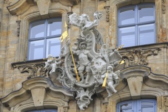 Knight with spear and angels with trumpets statues in Bamberg, Germany, Europe
