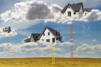 Houses on the clouds and ladders. Abstract concept for smart houses and cloud networks. New build