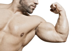 An image of a handsome young muscular sports man flexing his bicep