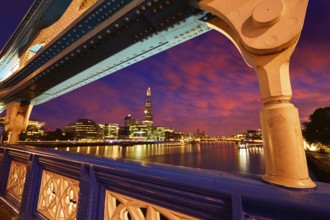 London Tower Bridge sunset on Thames river in England
