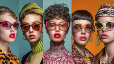 Five women in retro fashion with vibrant colors and bold patterns, wearing sunglasses and stylish