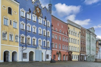 Historical houses on Town square in Burghausen, Germany, Europe