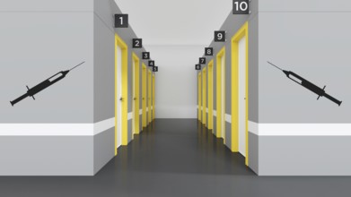 Corona virus vaccination center doors. 3D illustration