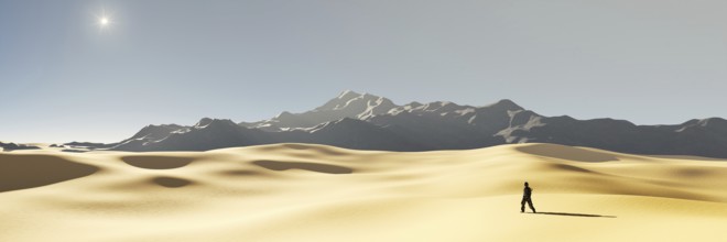 A lonely man in the dry sunset desert. 3D illustration