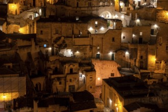 Scenic skyline of Sassi di Matera at night, Italy, Europe