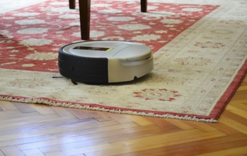 Automatic cleaning with robot vacuum cleaner on rug and hardwood floor