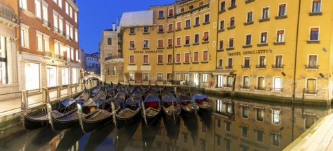 Bacino Orseolo, gondola car park, blue hour in the morning, panoramic shot, Venice, Italy, Europe