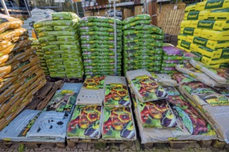 DIY store, outdoor area with various soils in plastic bags, Allgäu, Bavaria, Germany, Europe