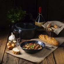 Classic beef goulash with peppers and onions