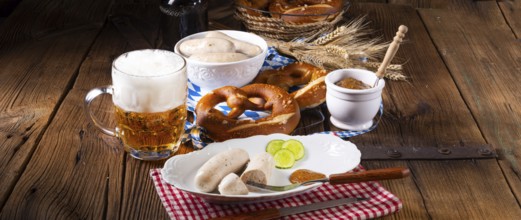 Delicious bavarian oktoberfest white sausage with sweet mustard