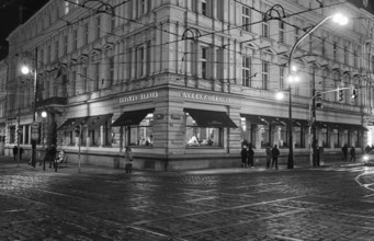 View of the Cafe Slavia at the Narodni crossroads, Prague, Czech Republic, Europe