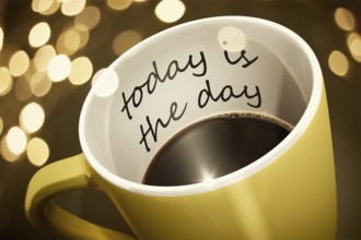 A yellow cup of coffee with surprise text today is the day 3d illustration