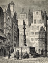 Roland fountain in front of the town hall, Historic Market Place, Hildesheim, Lower Saxony,
