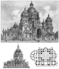 Berlin Cathedral, Germany, historical illustration, floor plan and intersection, about 1896, Europe