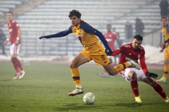 Sofia, Bulgaria - 9 December, 2021: Player of CSKA Sofia in action against Gonzalo Villar (L) of AS