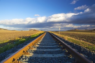 Single railway track at sunset, Central Bohemian Uplands, Czech Republic. Railway track in nature
