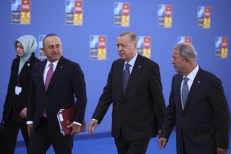 Spain, Madrid - 30 June, 2022: Turkish President Recep Tayyip Erdogan (C) and Turkish Foreign