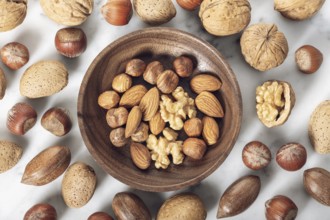 Nuts Mixed in a wooden plate.Assortment, Walnuts, Pecan, Almonds, Hazelnuts. Healthy appetizer