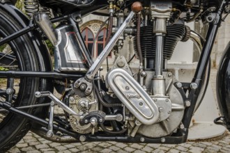 Lisbon, Portugal - Oct 15, 2023: Close-up of engine area of iconic Norton ES2 motorcycle by Norton