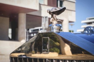 Lisbon, Portugal - Sep 29, 2024: Close-up and selective focus on the Rolls-Royce mascot hood