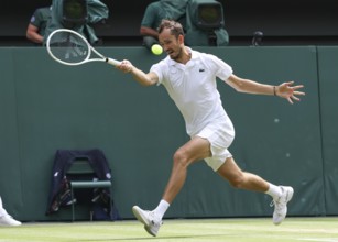 Russian tennis player Daniil Medvedev in action at the 2024 Wimbledon Championships, London,
