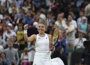 Italian tennis player Jasmine Paolini celebrating at the 2024 Wimbledon Championships, London,