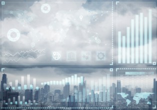 Forex trading business concept with abstract financial graphics on background of modern city