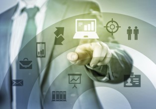 Close up of businessman touching icon of media screen