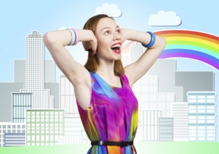 Redhead beautiful girl closing her ears with hands. Charming lady in bright colorful dress and