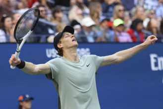 Tennis player Jannik Sinner of Italy celebrates at the US Open 2024 Championships, Billie Jean King
