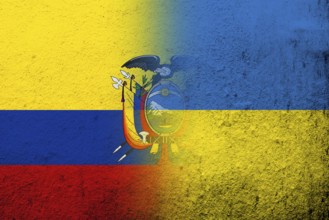 The Republic of Ecuador National flag with National flag of Ukraine. Grunge background