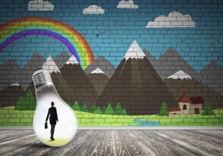 Businesswoman inside light bulb in room against nature drawn concept