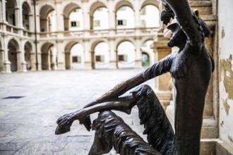 Sculpture Faun with a view, large country house courtyard, country house, Graz, Styria, Austria,