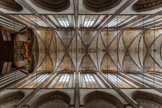 Lubeck, Germany, August 3, 2019: Directly below view of the vaults of St. Mary Church in Lubeck,