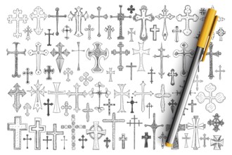 Various religious crosses doodle set. Collection of hand drawn crosses of different sizes and
