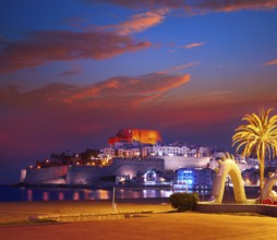 Peniscola skyline and castle beach sunset in Castellon of Spain