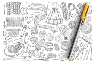 Elements for knitting doodle set. Collection of hand drawn wool, knitwear, needles, pins, measure