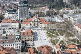 Ljubljana, Slovenia -04 07 2018: panoramic view over the main square from the castle