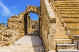 The fragment of protective walls. The oldest amphitheater in Israel. Ruins of the ancient city of